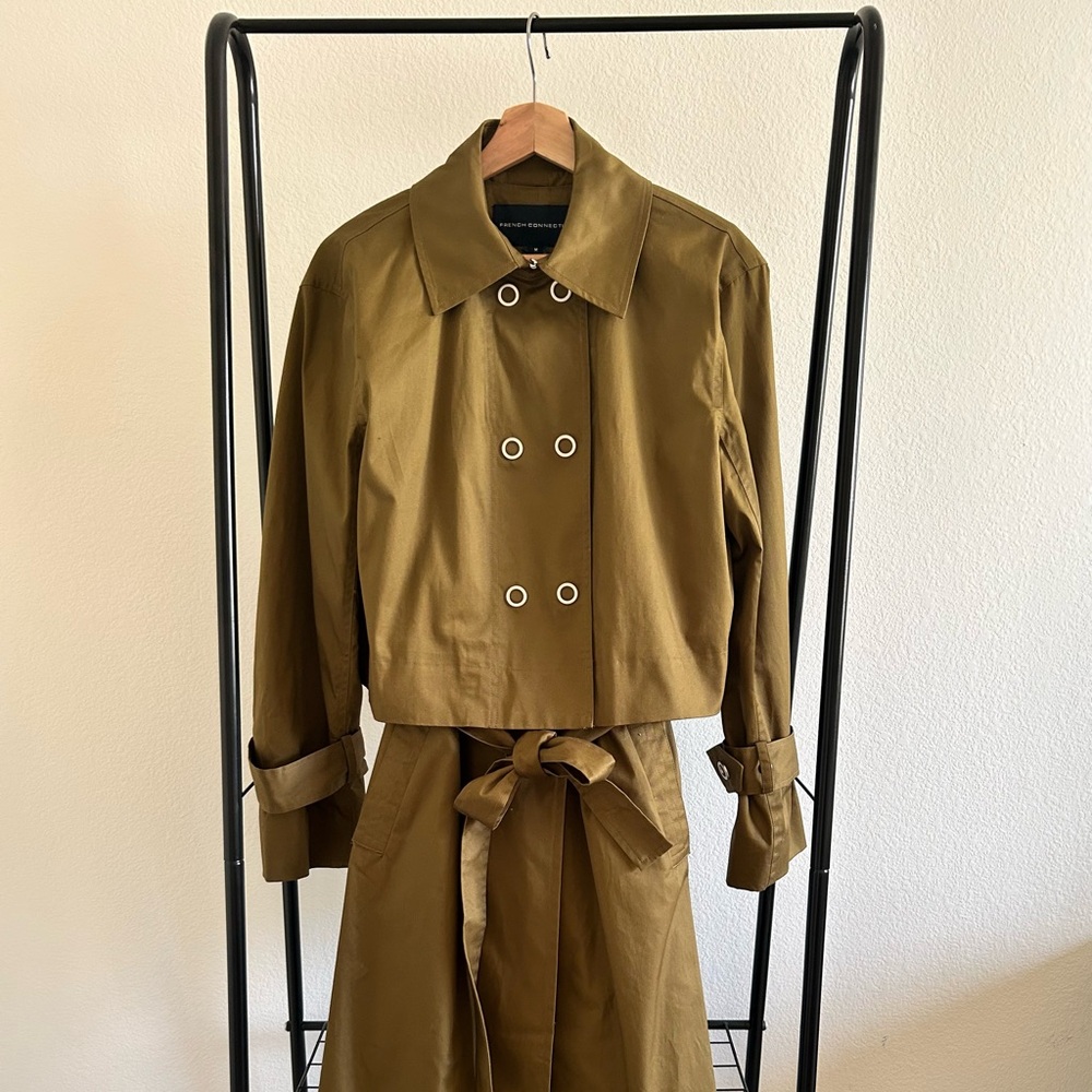 French Connection Fayette 2-in-1 Trench Coat M Olive Green Cropped Jacket + Vest